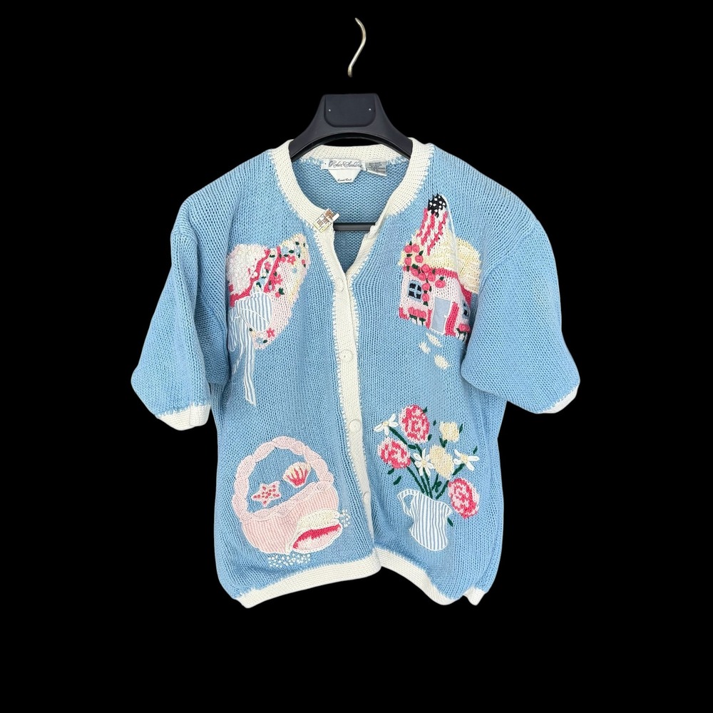 Robin Sinkler Vintage Hand Knit Cardigan Blue Distressed Embroidery Ramie L‎